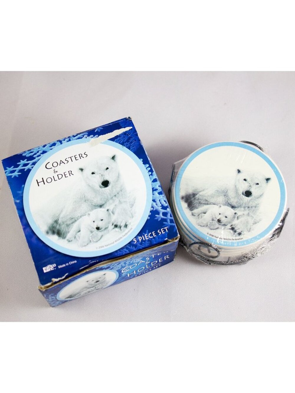 Polar Bear & Cub Coasters & Holder Set 2006 Giftco National Wildlife Federation